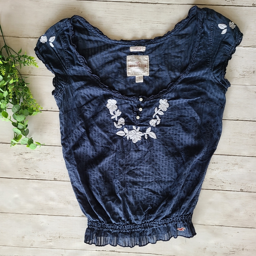 Hollister Navy Blue Floral Lacy Embroidered Short Sleeve Top